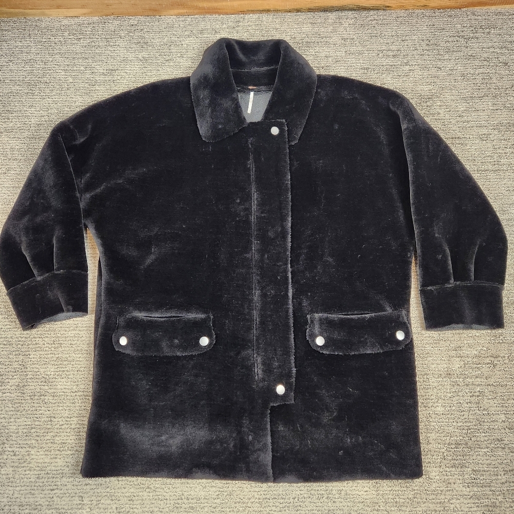 Free People Lindsey Faux Fur Coat Womens Medium Oversized Black Faux Leather Zip